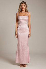 Womens Sexy Backless Jacquard Lace-Up Maxi Dress — Pink — AI-generated studio front view
