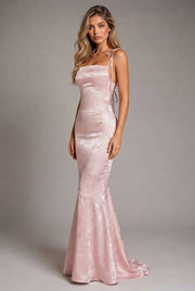 Womens Sexy Backless Jacquard Lace-Up Maxi Dress — Pink — AI-generated studio three-quarter view