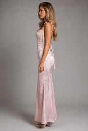 Womens Sexy Backless Jacquard Lace-Up Maxi Dress — Pink — AI-generated studio right-side profile