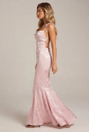 Womens Sexy Backless Jacquard Lace-Up Maxi Dress — Pink — AI-generated studio left-side walking view