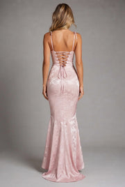 Womens Sexy Backless Jacquard Lace-Up Maxi Dress — Pink — AI-generated studio back view