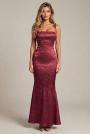 Womens Sexy Backless Jacquard Lace-Up Maxi Dress — Wine Red — AI-generated studio front view