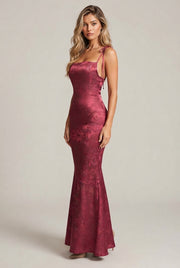 Womens Sexy Backless Jacquard Lace-Up Maxi Dress — Wine Red — AI-generated studio three-quarter view