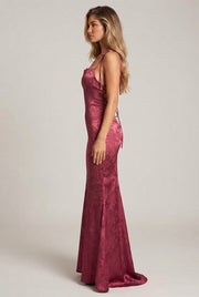 Womens Sexy Backless Jacquard Lace-Up Maxi Dress — Wine Red — AI-generated studio right-side profile