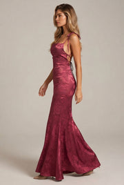 Womens Sexy Backless Jacquard Lace-Up Maxi Dress — Wine Red — AI-generated studio left-side walking view