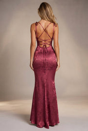Womens Sexy Backless Jacquard Lace-Up Maxi Dress — Wine Red — AI-generated studio back view