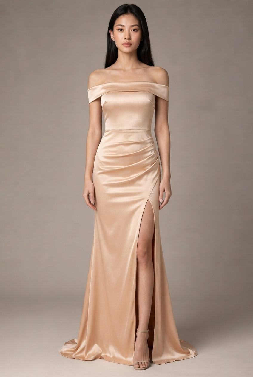 Women's Temperament Fashion One Shoulder Satin Open Evening Dress — Apricot — AI-generated studio front view