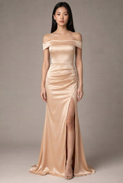 Women's Temperament Fashion One Shoulder Satin Open Evening Dress — Apricot — AI-generated studio front view