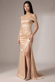 Women's Temperament Fashion One Shoulder Satin Open Evening Dress — Apricot — AI-generated studio three-quarter view