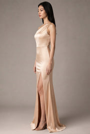 Women's Temperament Fashion One Shoulder Satin Open Evening Dress — Apricot — AI-generated studio right-side profile