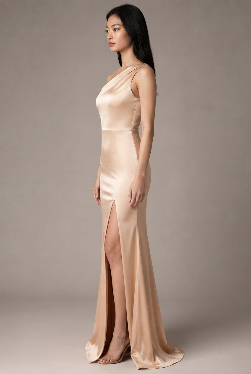 Women's Temperament Fashion One Shoulder Satin Open Evening Dress — Apricot — AI-generated studio right-side profile