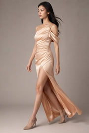 Women's Temperament Fashion One Shoulder Satin Open Evening Dress — Apricot — AI-generated studio left-side walking view