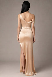 Women's Temperament Fashion One Shoulder Satin Open Evening Dress — Apricot — AI-generated studio back view