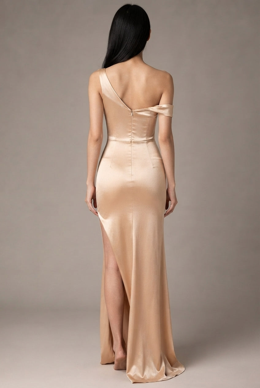 Women's Temperament Fashion One Shoulder Satin Open Evening Dress — Apricot — AI-generated studio back view