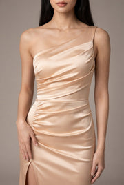 Women's Temperament Fashion One Shoulder Satin Open Evening Dress — Apricot — AI-generated studio bodice detail