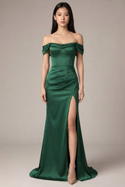 Women's Temperament Fashion One Shoulder Satin Open Evening Dress — Green — AI-generated studio front view
