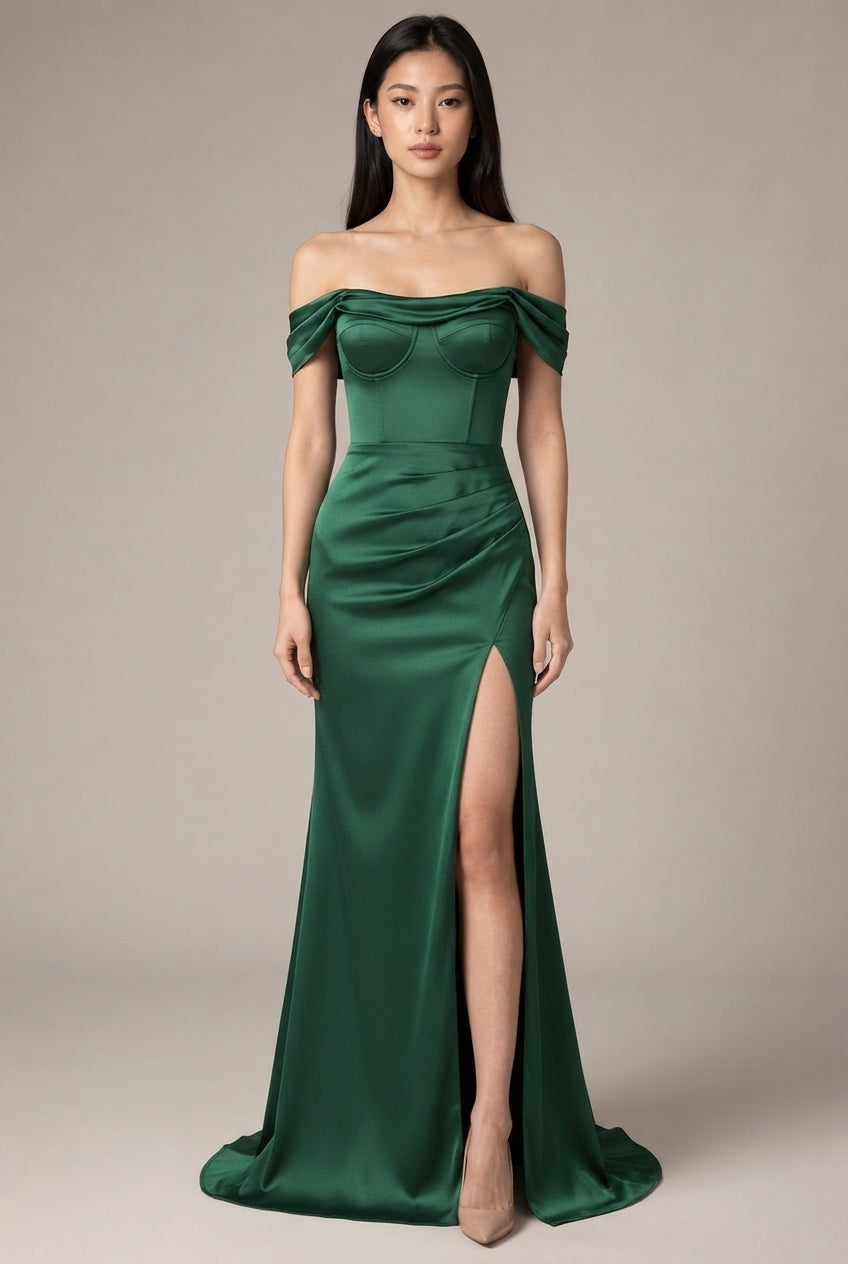 Women's Temperament Fashion One Shoulder Satin Open Evening Dress — Green — AI-generated studio front view
