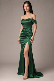 Women's Temperament Fashion One Shoulder Satin Open Evening Dress — Green — AI-generated studio three-quarter view