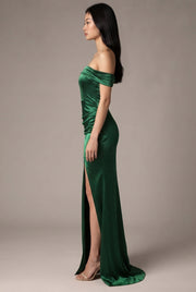 Women's Temperament Fashion One Shoulder Satin Open Evening Dress — Green — AI-generated studio right-side profile