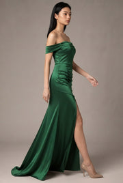 Women's Temperament Fashion One Shoulder Satin Open Evening Dress — Green — AI-generated studio left-side walking view