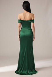 Women's Temperament Fashion One Shoulder Satin Open Evening Dress — Green — AI-generated studio back view