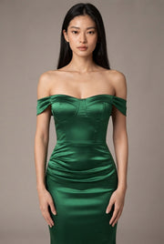 Women's Temperament Fashion One Shoulder Satin Open Evening Dress — Green — AI-generated studio bodice detail