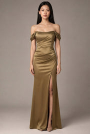 Women's Temperament Fashion One Shoulder Satin Open Evening Dress — Khaki — AI-generated studio front view