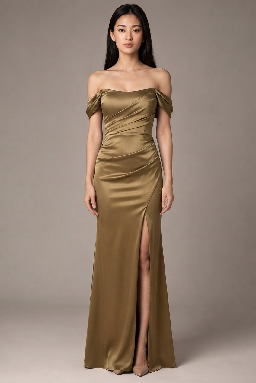 Women's Temperament Fashion One Shoulder Satin Open Evening Dress — Khaki — AI-generated studio front view
