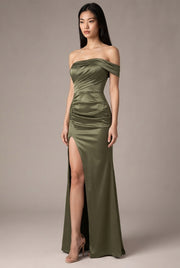 Women's Temperament Fashion One Shoulder Satin Open Evening Dress — Khaki — AI-generated studio three-quarter view