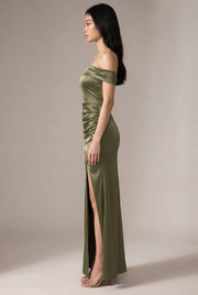 Women's Temperament Fashion One Shoulder Satin Open Evening Dress — Khaki — AI-generated studio right-side profile