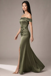 Women's Temperament Fashion One Shoulder Satin Open Evening Dress — Khaki — AI-generated studio left-side walking view