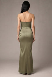 Women's Temperament Fashion One Shoulder Satin Open Evening Dress — Khaki — AI-generated studio back view
