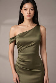 Women's Temperament Fashion One Shoulder Satin Open Evening Dress — Khaki — AI-generated studio bodice detail