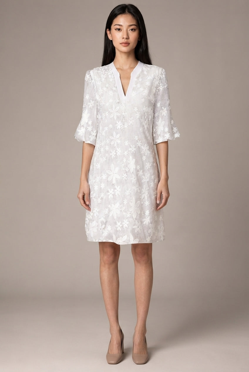 Womens White Floral Embroidery Elegant Dress — White — AI-generated studio front view