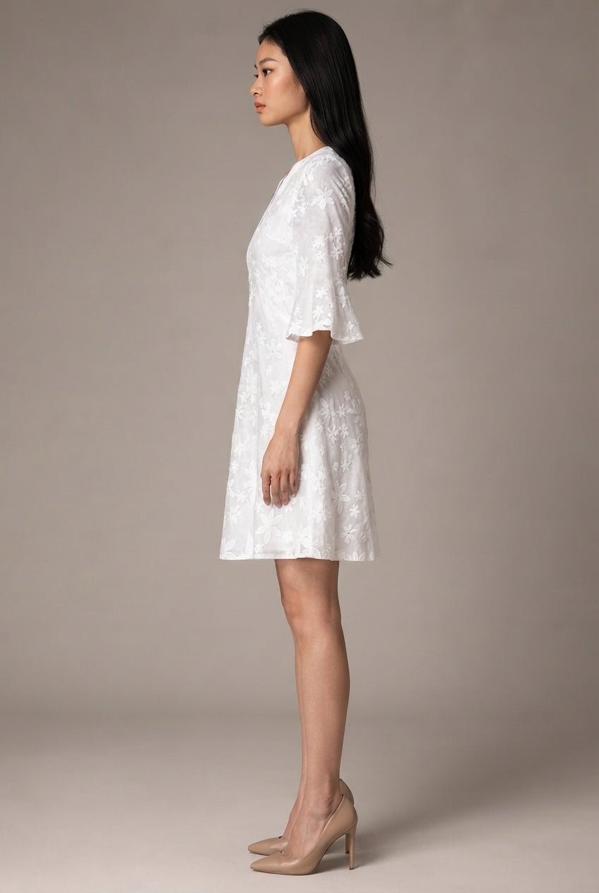 Womens White Floral Embroidery Elegant Dress — White — AI-generated studio right-side profile