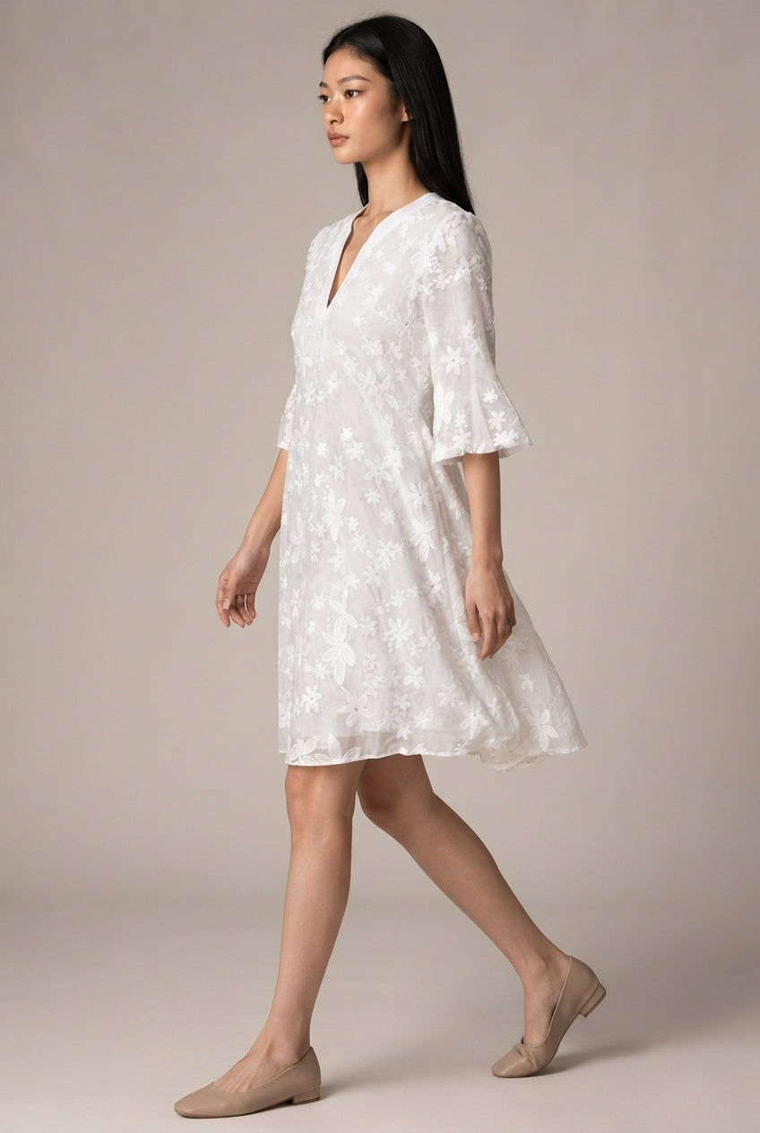 Womens White Floral Embroidery Elegant Dress — White — AI-generated studio left-side walking view