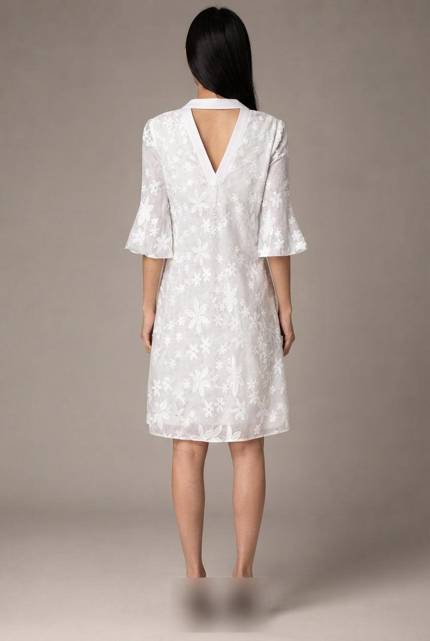 Womens White Floral Embroidery Elegant Dress — White — AI-generated studio back view