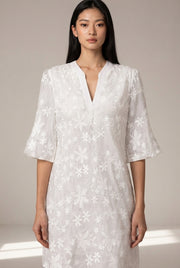 Womens White Floral Embroidery Elegant Dress — White — AI-generated studio bodice detail
